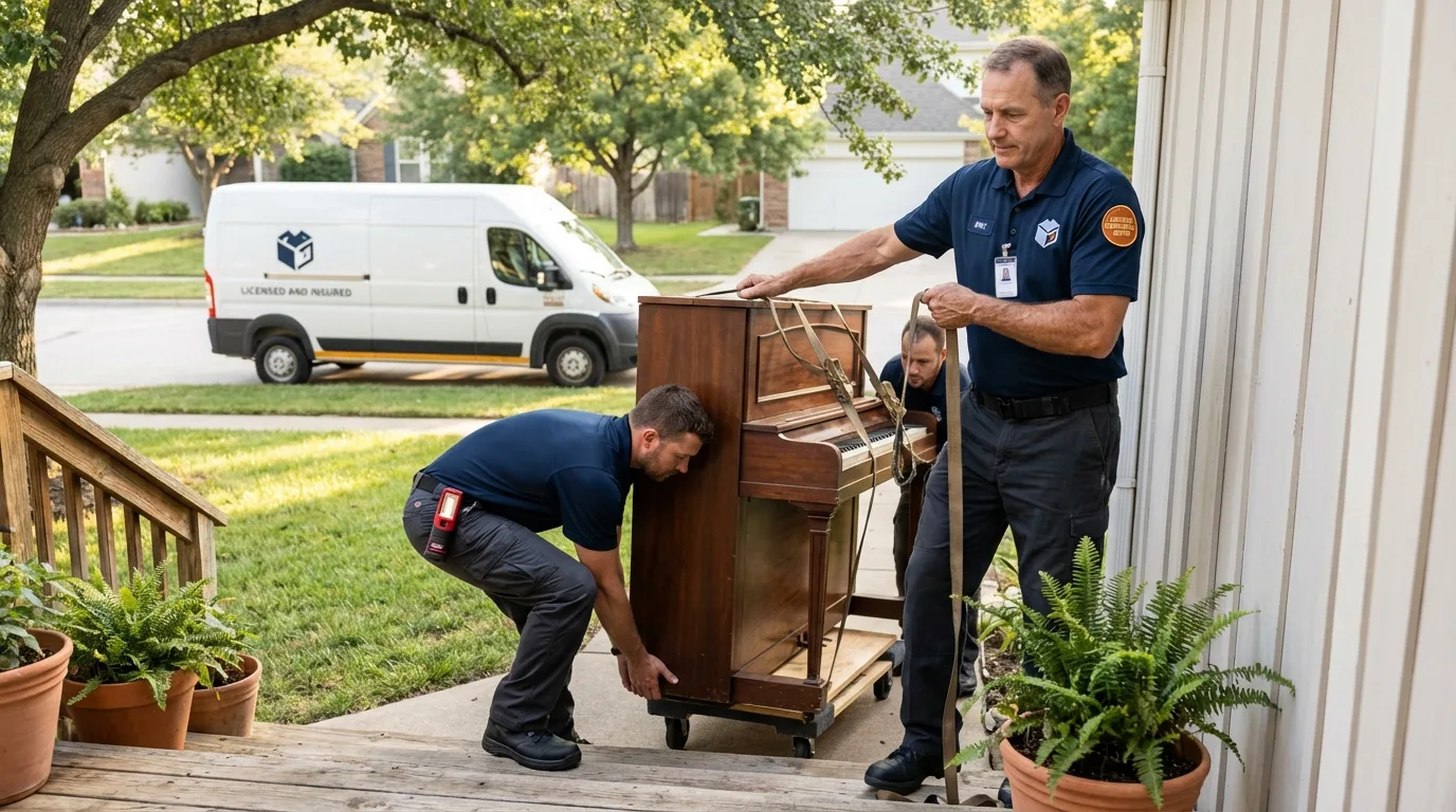 Licensed piano movers securing grand piano in Salem, OR